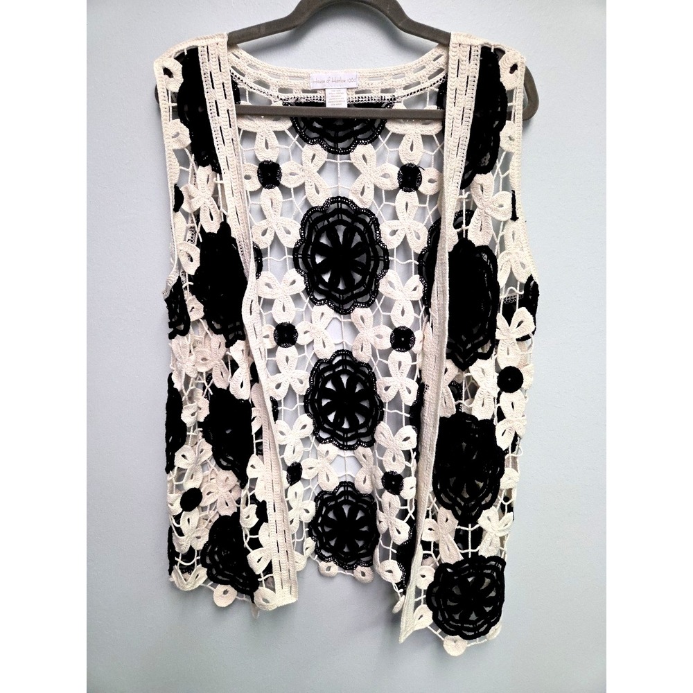 House of Harlow 1960 Open Front Crochet Vest Black Ivory Floral Lace Boho